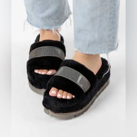 UGG FLUFFITA CLEAR FLUFF SLIDE PLATFORM SANDALS -BLACK -WOMEN’S US 10 -NEW - Picture 1 of 16